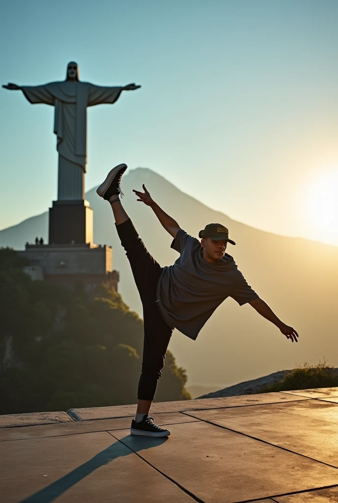 "A breakdancer in a dynamic pose, captured at sunset in an iconic setting that combines the Christ the Redeemer statue and Mount Fuji in the background. The dancer displays powerful and fluid movements, wearing casual and modern clothing that contrasts with the grandeur of the monuments. The soft sunlight illuminates the scene, creating dramatic shadows and a cinematic atmosphere, while the clear blue sky adds depth and serenity to the moment."