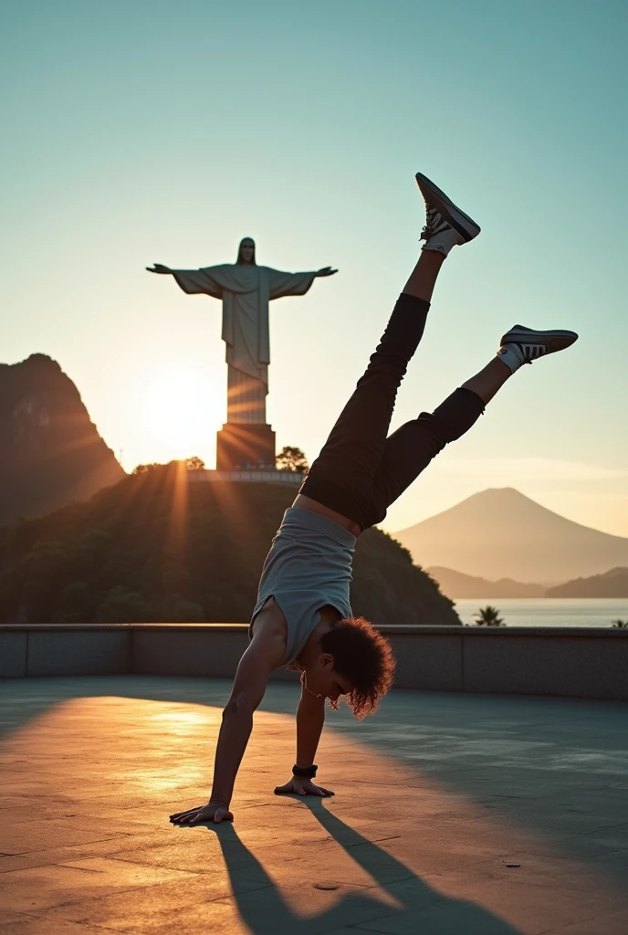 "A breakdancer in a dynamic pose, captured at sunset in an iconic setting that combines the Christ the Redeemer statue and Mount Fuji in the background. The dancer displays powerful and fluid movements, wearing casual and modern clothing that contrasts with the grandeur of the monuments. The soft sunlight illuminates the scene, creating dramatic shadows and a cinematic atmosphere, while the clear blue sky adds depth and serenity to the moment."