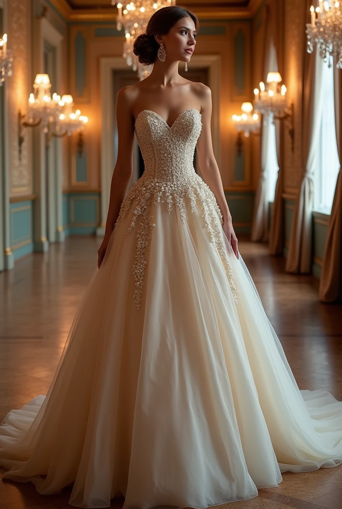 Can you make me a dress with a corset with a draped structure and a skirt with the front uncovered to the knee with a balloon structure?