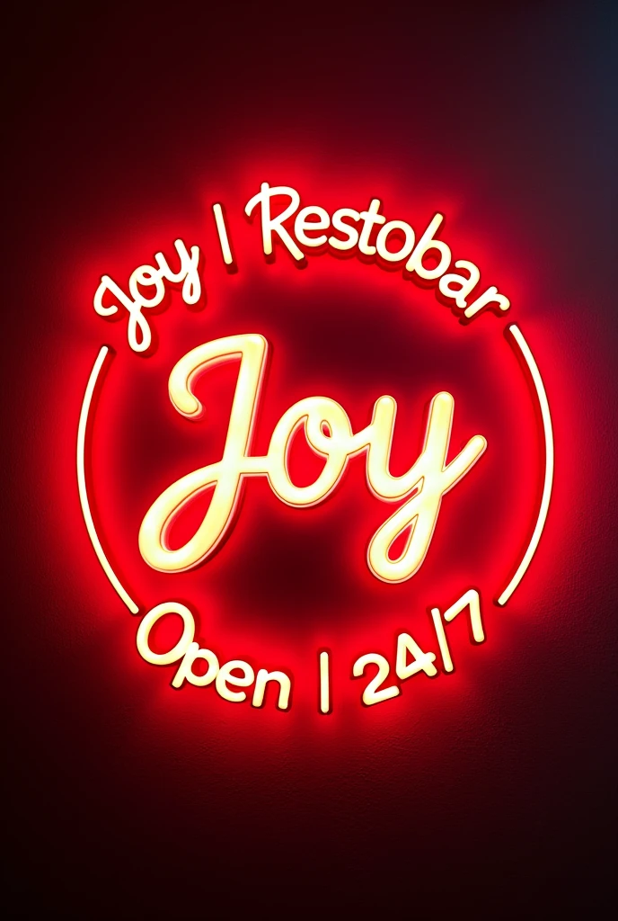 Create logo 3d neon red cyrcle name "Joy restobar open 24/7"