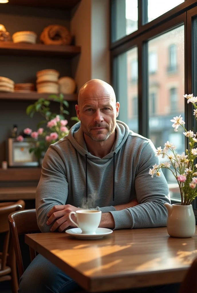 A bald muscular middle aged man with white skin dressed in sport chic, drinking coffee at a bakery table