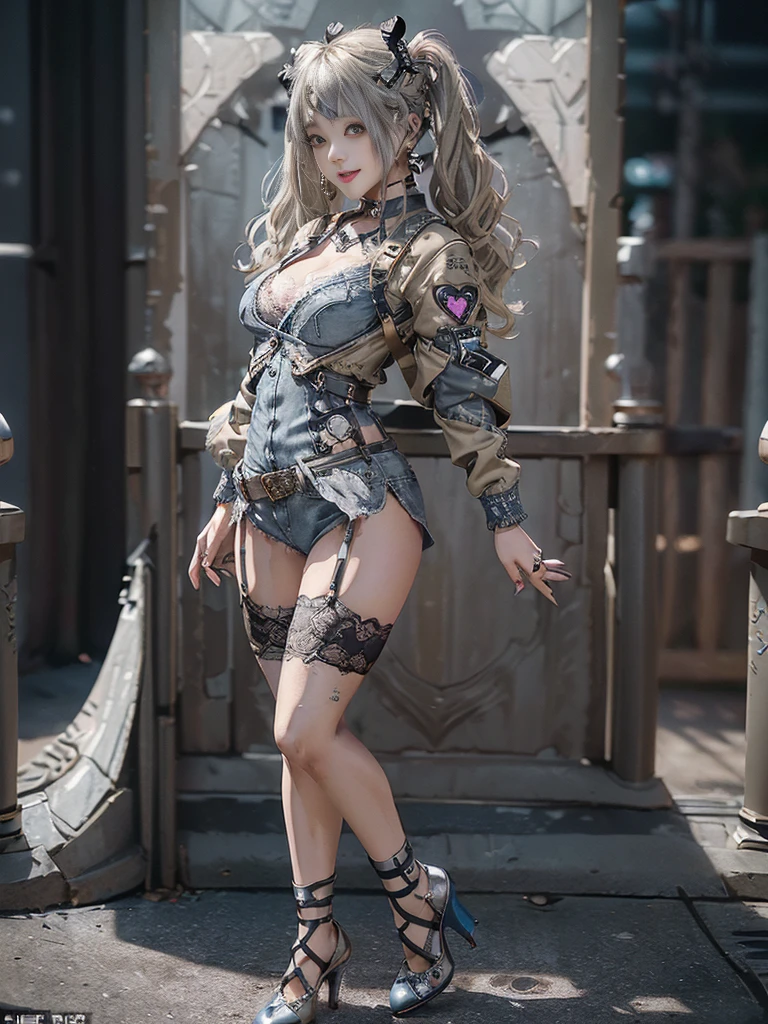 (Full Body View:1.3)、(Side view:1.1)、(Smiling with teeth showing:1.3),(Shibuya Gal:1.5)、(Beautiful:1.4)、(Goth Fashion:1.5)、(Punk RockVisual Kei:1.3)、(Futuristic baby doll in metallic grey, khaki and denim:1.5)、(A delicate jacket in beige, burnt brown, and navy.:1.5)、(Denim garter belt:1.5)、(Denim, olive, and white bodysuit:1.4)、(Heart-shaped silver accessories:1.5)、(Brown Skin Belt:1.4)、(Blue High Heels:1.4)、(Lace patterned underwear:1.4)、28 years old、NSFW,((Highest quality、In 8K、masterpiece:1.3))、Sharp focus:1.2、(Layered Cut、Beautiful boobs:1.1),Beautiful woman with perfect figure:1.4、(Doing an aerobics pose:1.3)、Slender Abs:1.2、Butt、Highly detailed face and skin texture、Detailed eyes、double eyelid,(Twin tails:1.3)、(Light gold colored hair:1.3)、(Black brown eyes:1.3)、Obscene、Gravure idol、(Luxurious amusement park at night:1.3)、(Make your legs thinner:1.4)、(Thin thighs:1.4)、(Slim Body:1.3)、(clavicle:1.1)