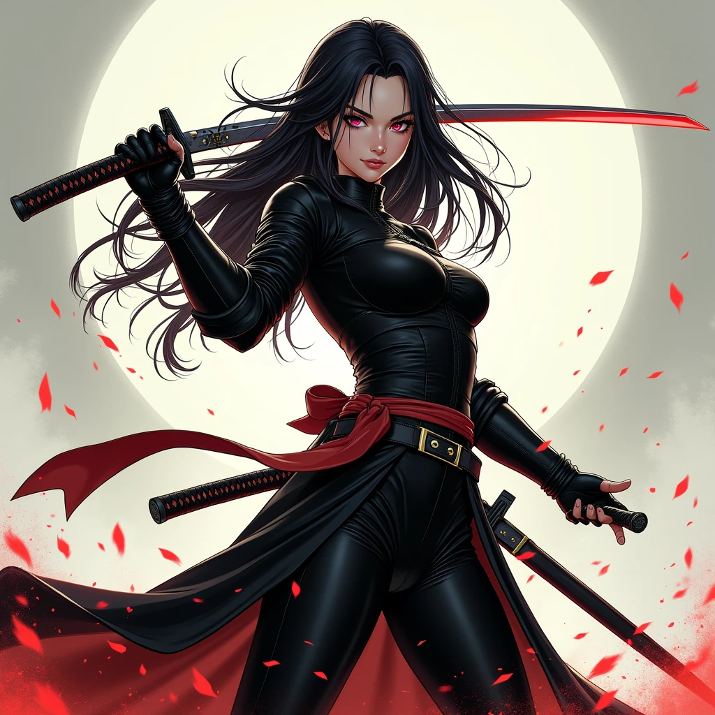 a woman with two sword and a black outfit, Katana Zero video game character, female protagonist Official character illustrations, red female assassin, dramatic katana pose, Knights, female anime character, katanas strapped to her back, 2b, 2b, unsheathing her katana, Female action anime girl, none background