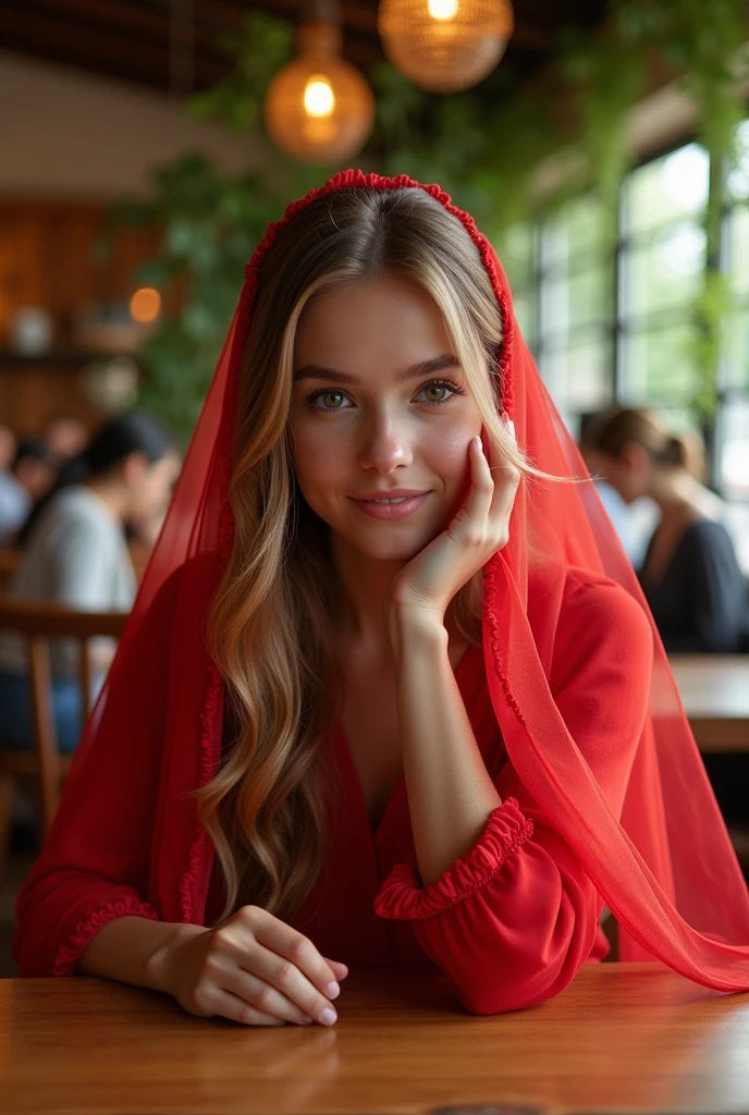 A beautiful girl is sitting in the cafe shop, she covers part of her face with the beautiful red veil she holds in her hand, open full face,