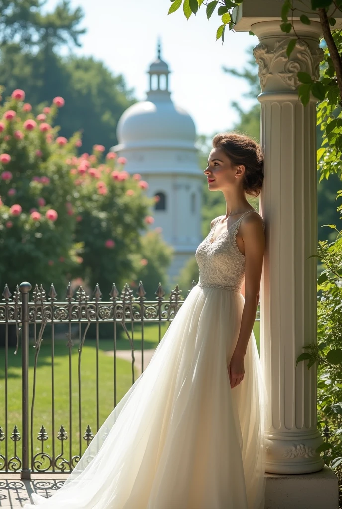 A classic white dome with two intricately designed columns. Between the two pillars is a chest-high iron fence.. On the other side of the fence are lush trees with velvet roses peeking out.. Girl with a white, flowing wedding dress, leaning shoulder to shoulder against fence, tilted her head up and put her hands on the fence. She has deep eyes, slightly pouting face. Five senses in harmony, silky hair tied back in a low bun. Soft sunlight covers the scene