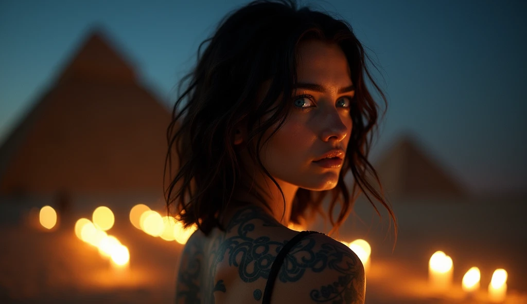 tatuados,Very beautiful big breasts、(Tears),(Back tattoo、Many tattoos on both arms and neck)、 (Egyptian pyramids at night,Ancient structures rising from the desert),Candlelight only,Very detailed, 21 years old, A beautiful woman,Depressed face, Black Hair,Medium Wavy Hair, blue eyes, High resolution, masterpiece, Highest quality, Intricate details, Very detailed, Clear focus, Delicate skin, practical skin texture, texture, Delicate eyes, Professional, 8k, Sad face,despair、 Shot with Canon, 85mm, Shallow and deep, Kodak Vision Color, Exactly, Very detailed, photograph_\(Extremist\), photographpractical, practical, Post-processing, Maximum details, Roughness, Real Life, Extremist practical, Photorealism, photographgraphy, 8k ウルトラ HD, photographgraphy