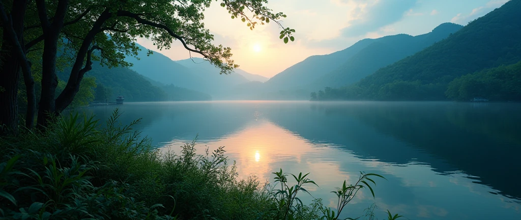 Hyper-realistic cinematic wide shot photograph of a cross stillness beautiful landscape with gentle breeze using a Hasselblad H6D at dawn with warm and soft lighting, conveying a dreamy and mysterious mood with a color palette dominated by dark blue and green. The photo must showcase great details and textures, with noise reduction, color grading, and retouching applied