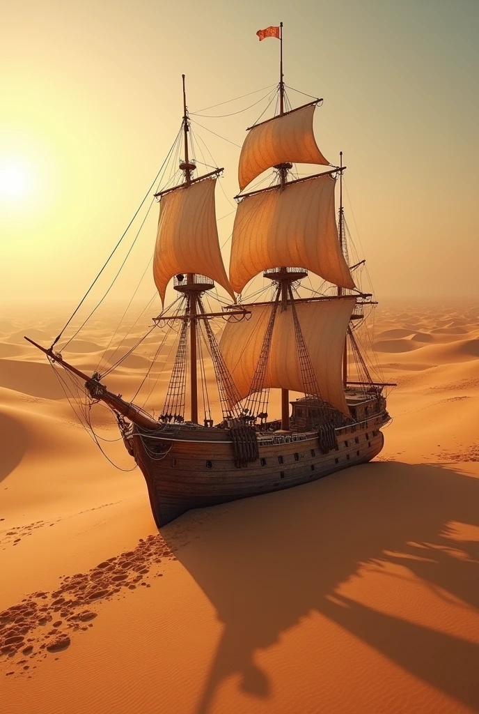 Photo of a ship over a sandy desert with realistic