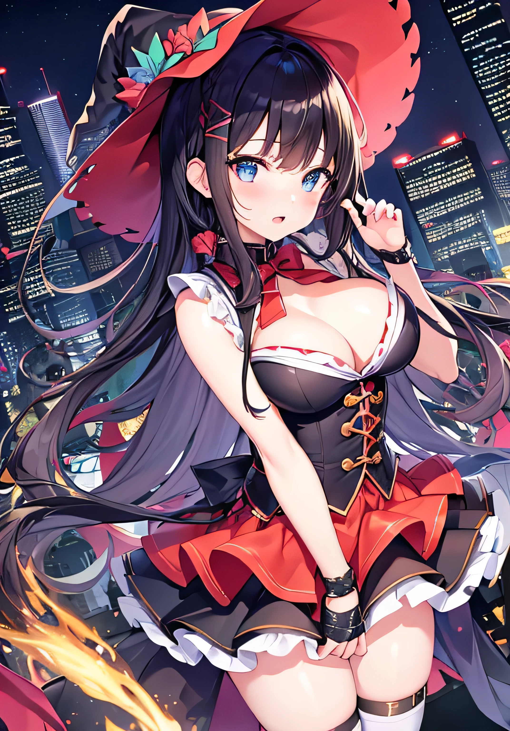 masterpiece、Highest quality、Ultra-high resolution、nsfw、teenage girl with big breasts、twin tail hairstyle、black hair、Red face、shyly、open your mouth just a little、Witch costume with visible cleavage for teenage girls、mini-skirt for teenage girls、thigh-high socks for teenage girls、witch's hat for teenage girls、On the roof of a building at night、skyscrapers at night、at night time