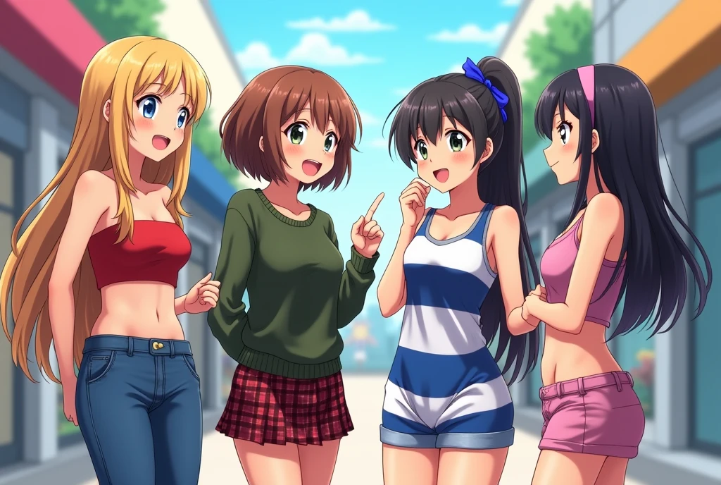 a group of anime girls shopping at a mall

1. the first girl is wearing a small red tube top that exposes her midriff and is almost slipping and jeans with long blonde hair.

2. the second girl has short brown hair and wearing baggy green sweater with a black t-shirt underneath and a plaid miniskirt.

3. the third girl has long black hair wearing a tight sleeveless blue and white horizontal striped dress with straps and blue hairband.

4. the fourth girl has a sun kissed complexion and brown ponytail hair with pink crop tank top that exposes her midriff with noodle straps along with shorts, she fixes her hair with her hands and shows both her armpits. 

they're all chatting to each other, and all of them have pronounced hips.

