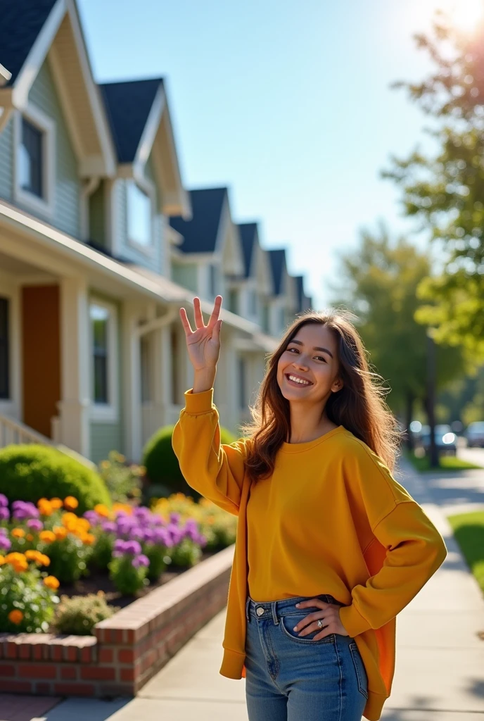 Create an image illustrating a person making the cool sign with houses and affordable housing in the background, The person is smiling and happy, because her city is clean and her house is connected to the sewage system.
Highlight the title next to the person "A clean neighborhood means better health"