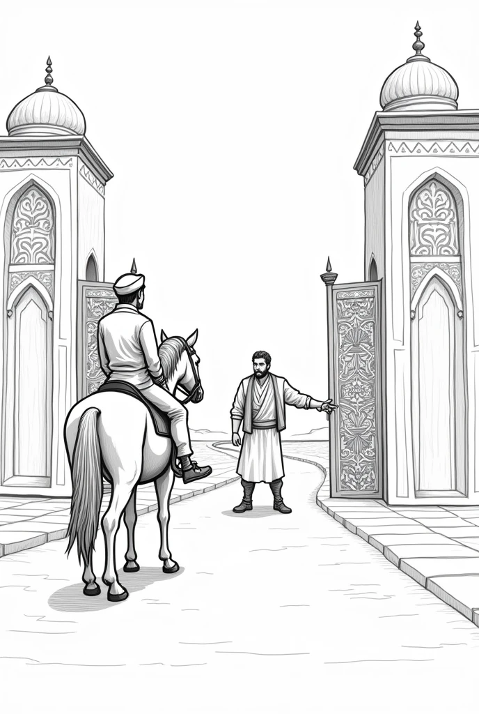 sketch drawn in line art style.  Uzbek oriental image.  in front of the gate, Ravshan is riding a horse, and his father Hasan Khan is standing in front of him, wishing for a white road.  Ravshan is 20 years old, Hasan Khan is 40 years old.  Sketch is drawn in contour lines for the book.  historical image.