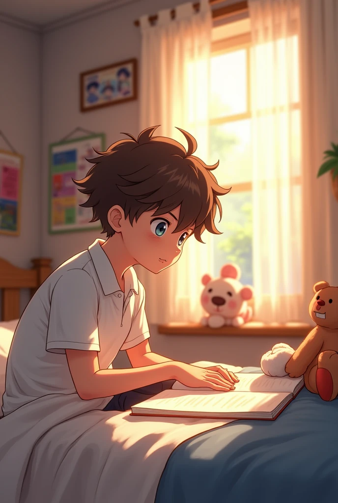 A boy with brown hair good jawline wearing a white polo with a paper and pen next to him in bed then he tried to write something in the paper  (anime image) same image but being shocked make the bed the same from the previous image