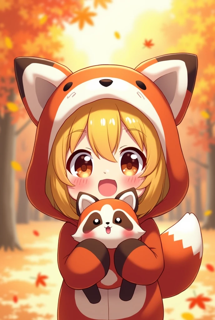 Cute yellow hair, eyes and mouth visible, eyes and mouth visible, eyes and mouth open, shota, short hair, red panda costume, icon, anime illustration, small red panda stuffed animal, one tail, background, autumn-like, icon size