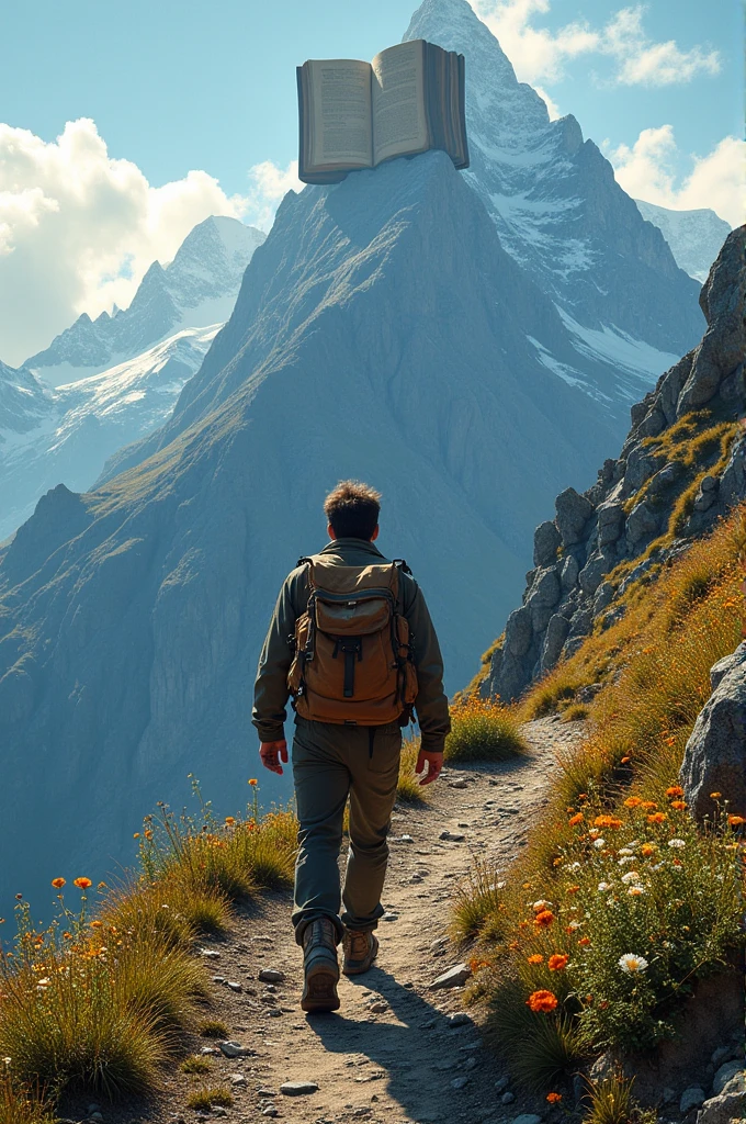 A person on a path towards a bible that is on a mountain 