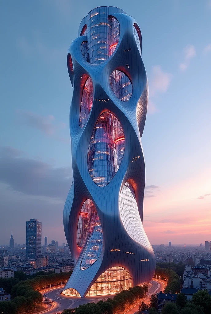 Tower with a different and futuristic design telling a story of the past, present and future of Paris. With ultramodern architecture being the country's landmark and featuring the three colors of the French flag