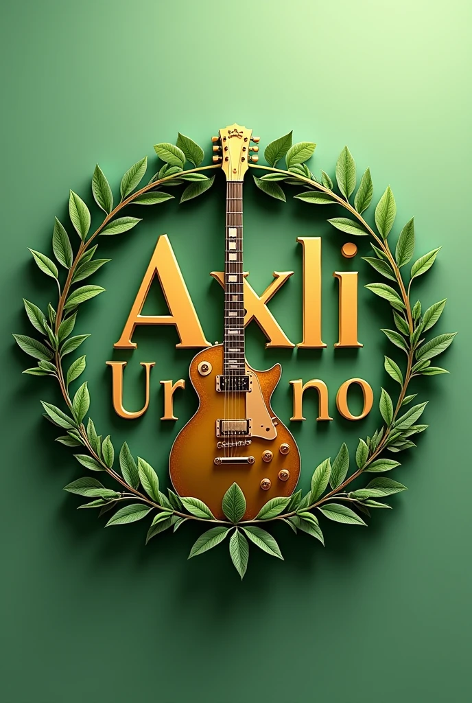 Create a professional 3D music circle logo, that says AXLI URBANO golden color green Dollar that in the middle of AXLI URBANO there is a guitar standing golden color Green Dollar