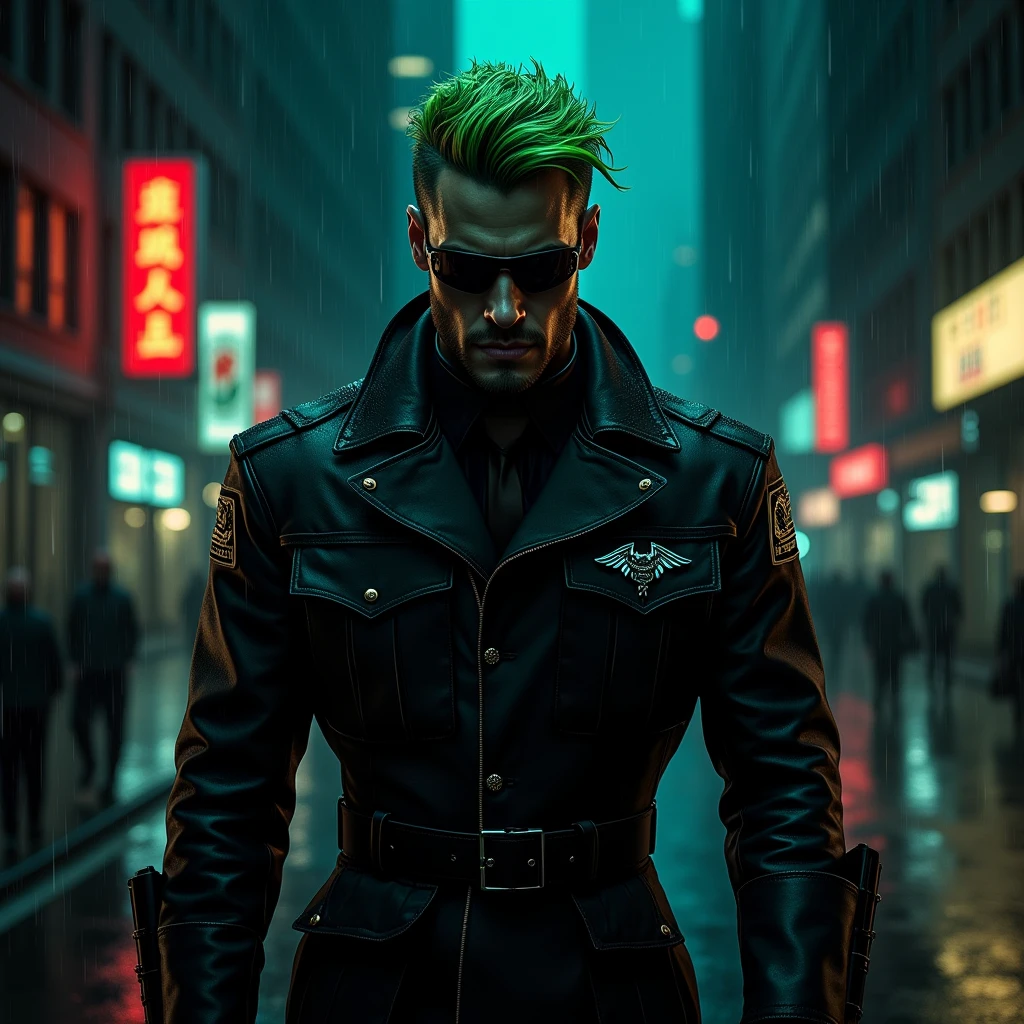 Dark Hero male night City Green Hair short hair military uniform suit sunglasses American Comics フロント