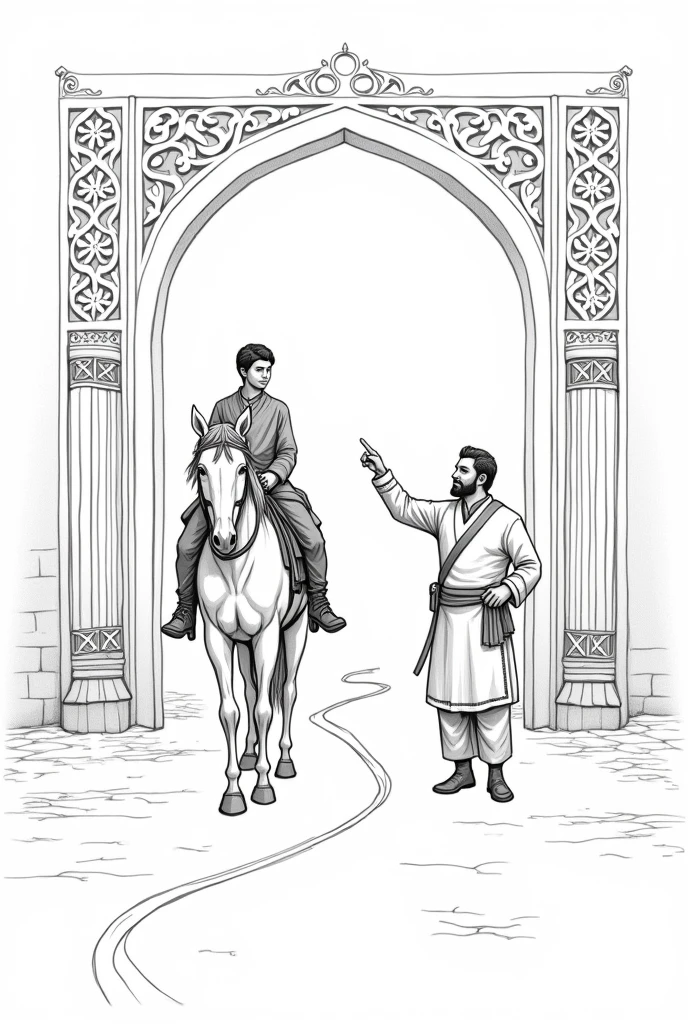sketch drawn in line art style. Uzbek oriental image. in front of the gate, Ravshan is riding a horse, and his father Hasan Khan is standing in front of him, wishing for a white road. Ravshan is 20 years old, Hasan Khan is 40 years old. Sketch is drawn in contour lines for the book. historical image.