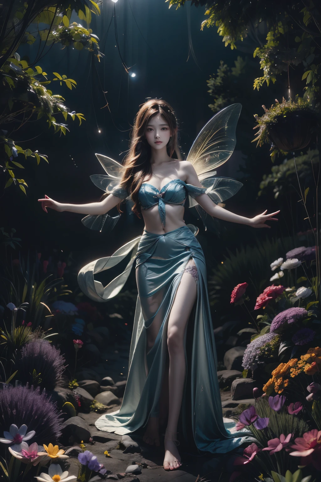 Photo of a gorgeous 20-year-old Finnish fairy wearing (Morning glory decoration dress:1.2) And (Delicate fairy wings:1.2), Grinning, (looking in camera:1.1), (Sateen:1.1), on forest path:, Proudly standing next to his portate, by Studio Ghibli, masutepiece, Barefoot, (Natural lighting:0.8), 8K, ((Realistic)), F/1.1, , the woods、covering the navel、hiding breast、(Curvaceous)femele(flawless skin:1.11)And(teats:1.1)、A smile、full body Esbian、Beautiful standing figure、