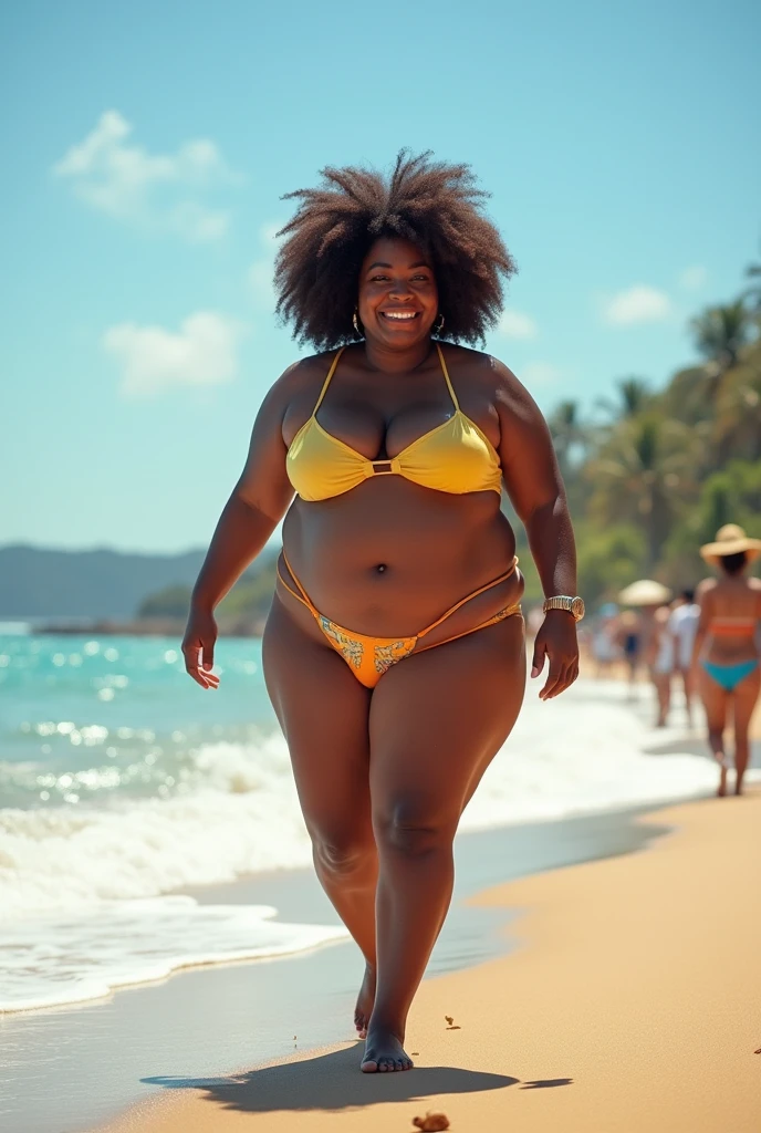 Naked overweight black woman with afro hair walking happily on a beach.