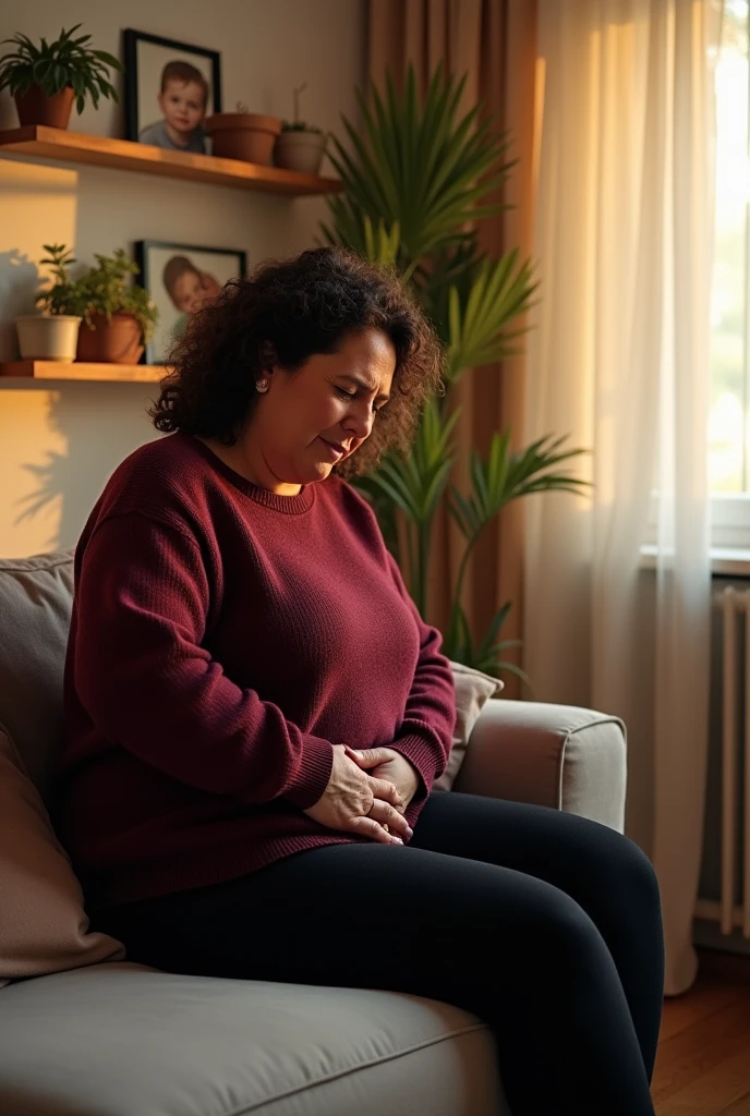 Create an image of a fat woman feeling liver pain