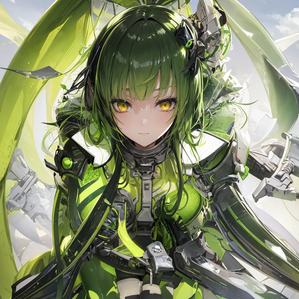 傑Pastel green long twin tails, Yellow Eyes, Long Bangs, Making anime，Highest quality, Highly detailed face，Straight hair, {{{Large mechanical wings spread on both sides.}}}, （pastel colour：1.2，Dark studio，Edge Light，Two-tone lighting，that&#39;dim，base，),Combat cyborg, {{{{{bangs that cover one eye}}}}}, {{{{{Woman illustration}}}}}, 8K quality, Highest quality, masterpiece, Kind woman, Dark atmosphere, Pastel green long twin tails, Yellow Eyes, Long Bangs, A scene from a science fiction movie,Cyborg Woman, A full-body green armor, {{{{{Wearing a pastel green mech suit}}}}}, Sadistic smile, Against a backdrop of an elaborate mechanical city、Details of a ruined future city, Smiling Kindly, 7 Head to Body, Shut your mouth.,Proud face, Detailed Background,Maximum details,Full body illustration, Has a beam weapon, Phantasy Star Online,Narrow eyes,30 years old, In combat,White Long Boots, avert your eyes, White cape from the waist,{{{Asymmetrical hairstyle}}},