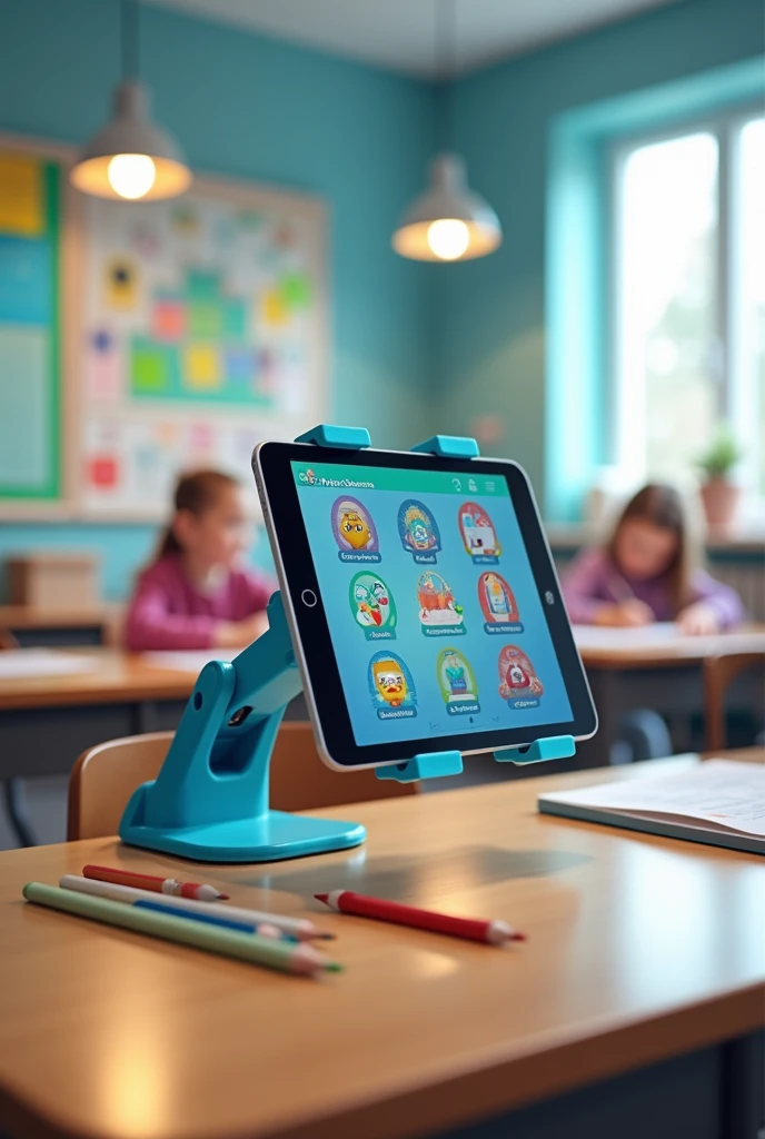 A tablet holder that clips onto a school desk
