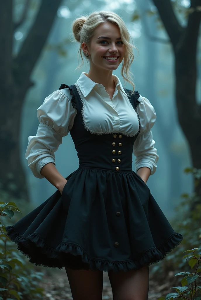 blonde, blue eyes, 1girl, dark fantasy, hair up, blue eyes, black maid skirt, dress shirt, happy expression, ( tights), (plump), (stuffed_belly), ((tight clothes), (best quality, masterpiece)
