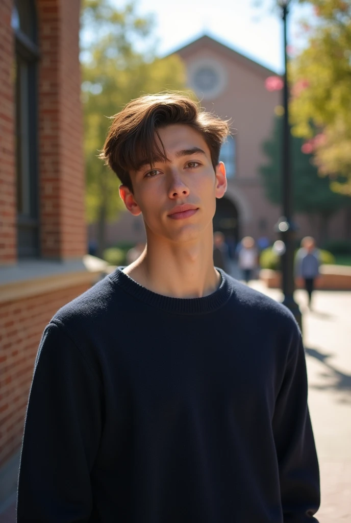 Create a hyper realistic poster of a white 18 year old guy with very feminine facial features, with brown hair and brown eyes, hairstyle must be short curtains/middle part, slim build, dark navy blue sweater/jersey, background must be the University of the Incarnate Word in San Antonio, facial expression must be neutral 