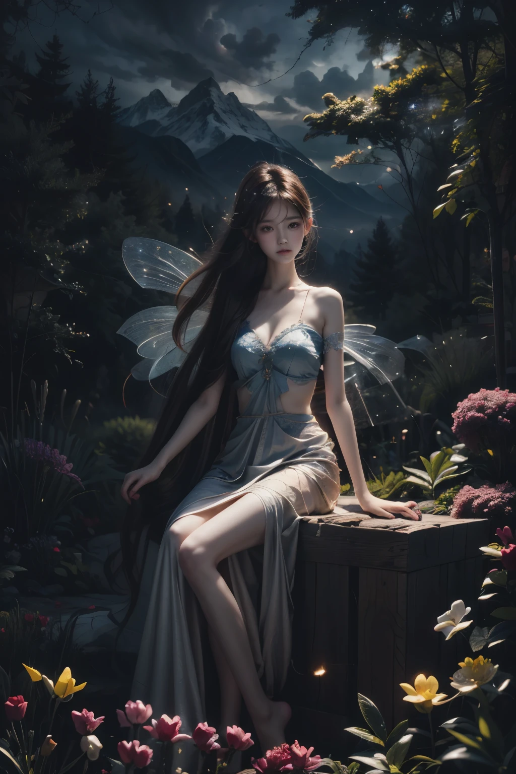 Beautiful fairy, surrounded by fireflies, ethereal and dreamy atmosphere