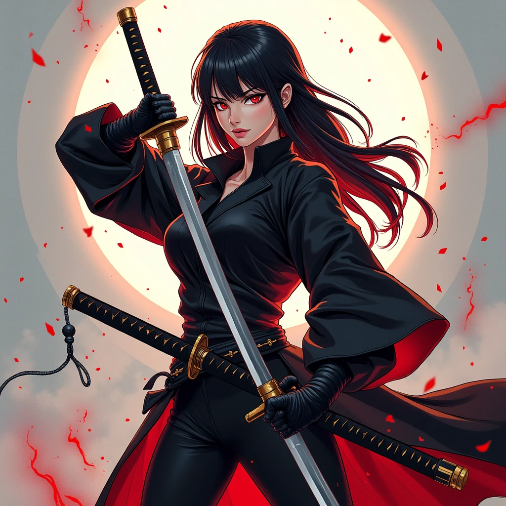 a woman with two sword and a black outfit, Katana Zero video game character, female protagonist Official character illustrations, red female assassin, dramatic katana pose, Knights, female anime character, katanas strapped to her back, 2b, 2b, unsheathing her katana, Female action anime girl, none background