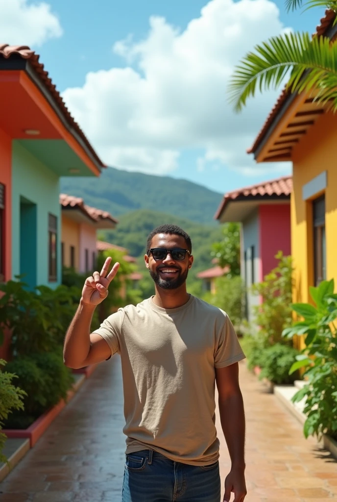 Create an image illustrating a man making the cool sign with Brazilian houses and affordable housing in the background, The person is smiling and happy, because her city is clean and her house is connected to the sewage system.
Highlight the title next to the person "A clean neighborhood means better health"