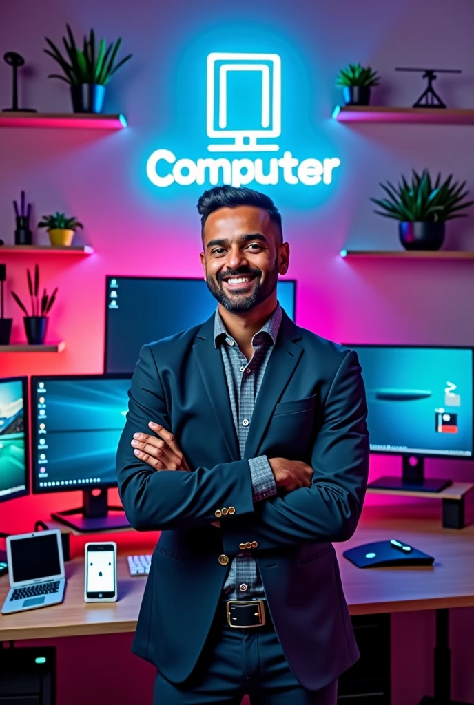 A picture of me advertising the start of providing maintenance and programming services for phones and computers, in addition to the presence of a computer logo, an iPhone, an Android phone, my name, my number, and my address.