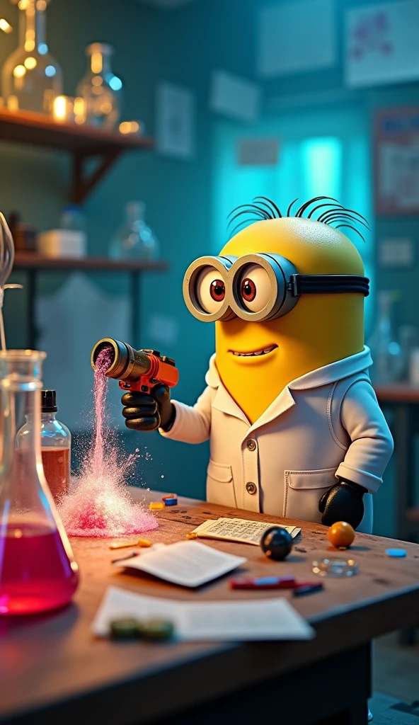 In the lab Minion Kevin wears a scientist suit taking notes and adjusting formulas 