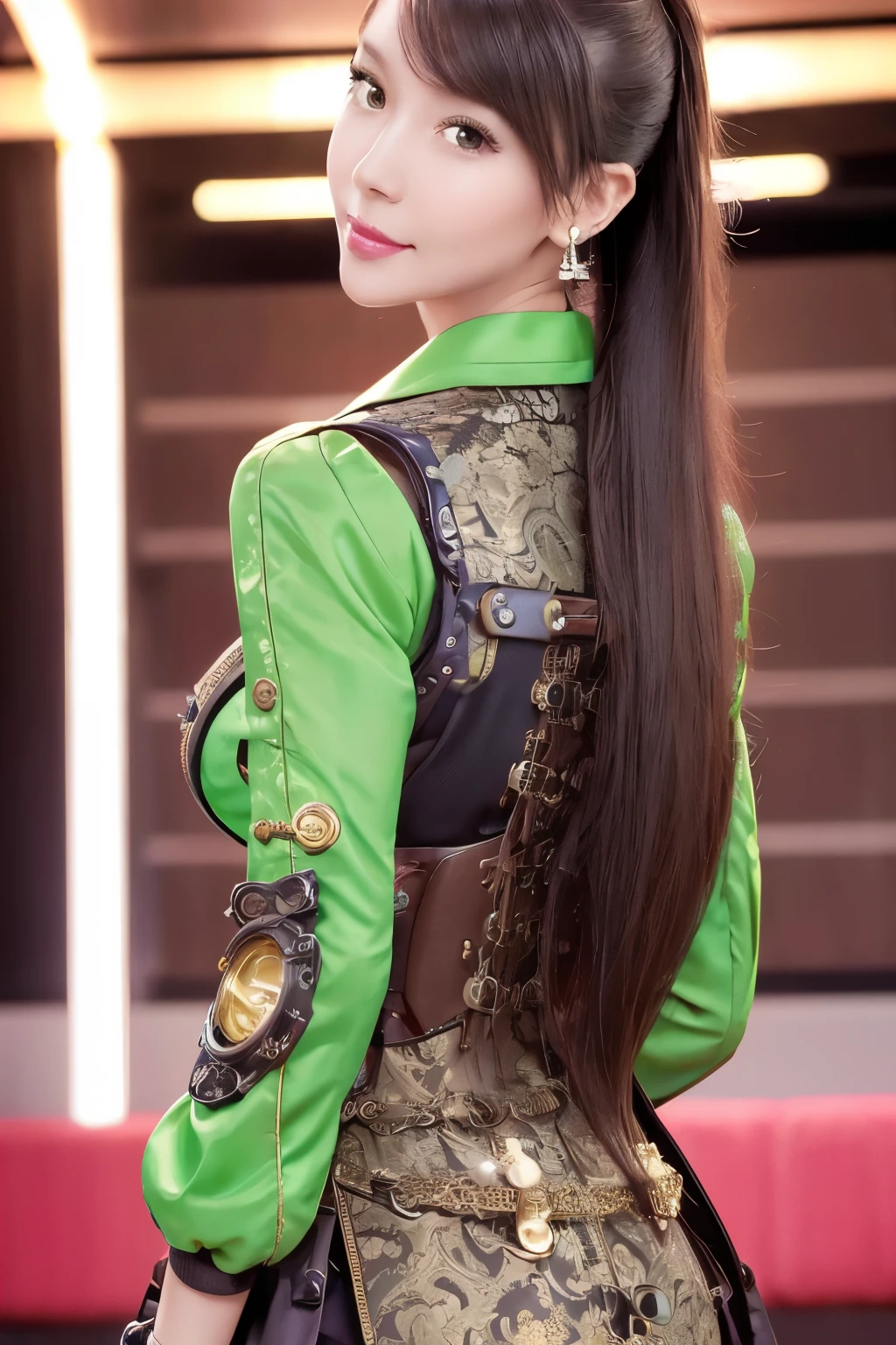 Woman portrait、Highest quality、Rear view、8K, clear, Fine skin、Clear, beautiful eyes、Cleavage、whole body、The beauty of a smile、Curly Hair、My hair was messed up by the wind、(Glamorous Muscle、tall),(Hip_superior, Hip superior), Mature Woman,( Watching the audience),Realistic, High resolution, Soft Light,1 female, One person, Perfect Style, Perfect balance,(Brown hair),ponytail,Fine Skin, Naughty look,((Steampunk brocade pattern、Gal)),(Steampunk Japanese Clothes,Steampunk dirndl,Yellow-green steampunk collared sailor suit),(White steampunk steampunk android suit, High-tech Mecha,Beautiful steampunk cyborg woman on white,Steampunk Mecha Cyborg Girl,Steampunk lime green android suit,wrist cuffs,High leg,Lavish decoration),((arms behind back)),(bokeh),(studio lighting)