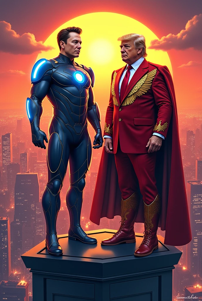 Elon musk with donald trump as American superhero