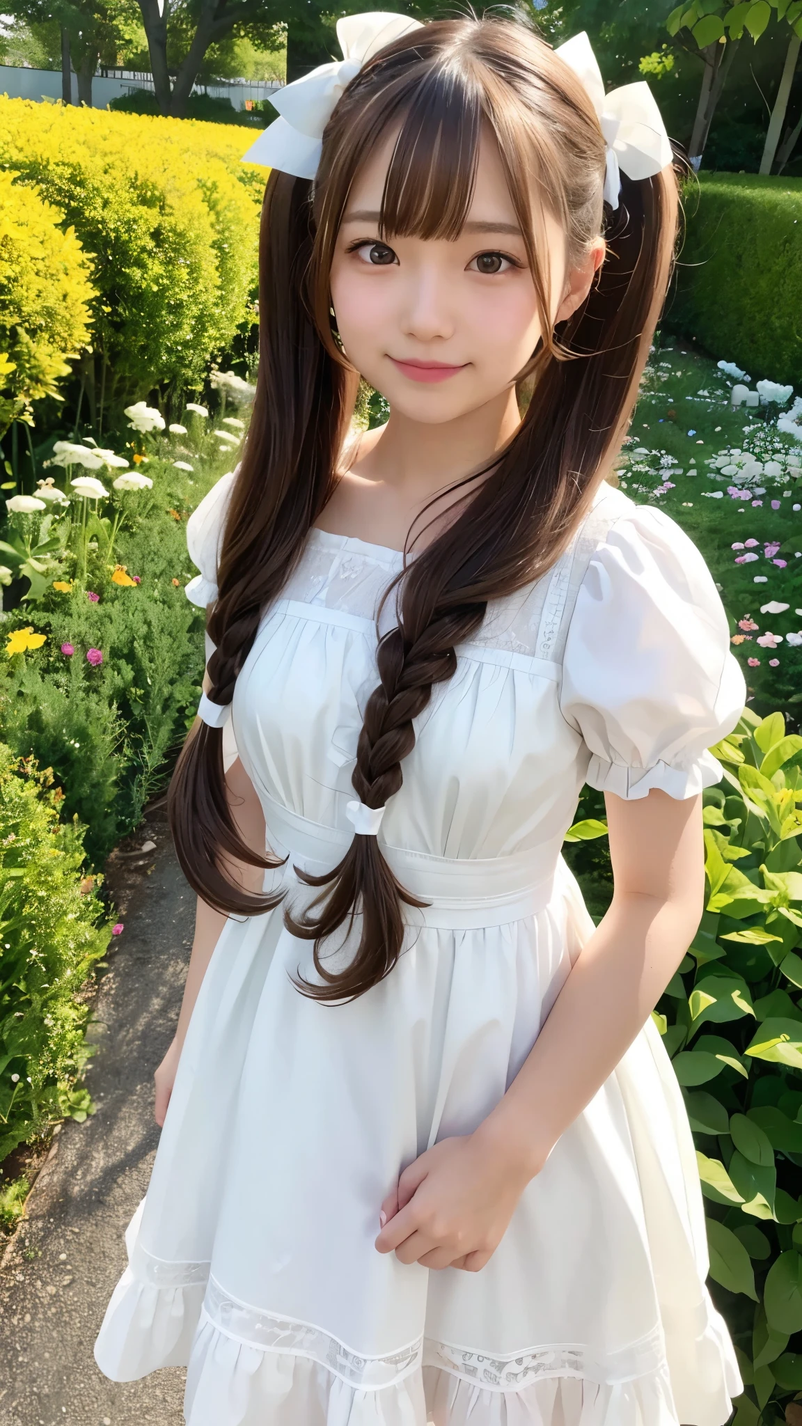 16-year-old woman, with long hair having a white shade, eyes with a white iris. carrying a bow on her back, with typical clothing of an archer from medieval times, at the bottom of a large grass bar. create a realistic image, with attention to detail and your hair.