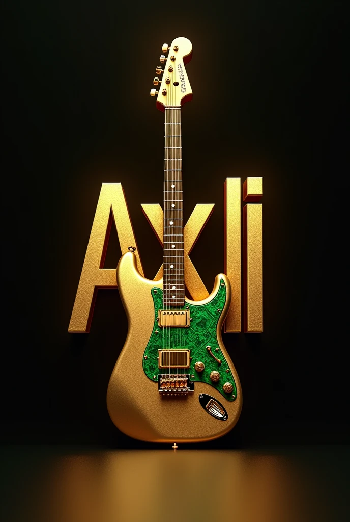 Create a professional 3D music logo, that says AXLI URBANO golden color green Dollar that in the middle of AXLI URBANO there is a guitar standing golden color Green Dollar