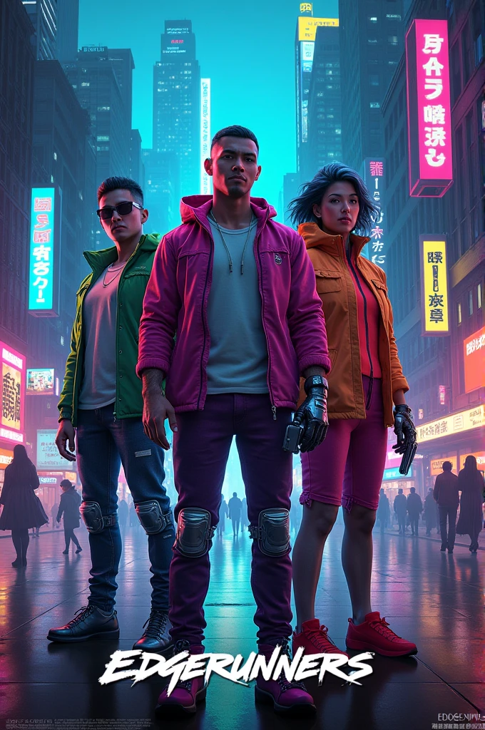 A poster showing the main characters of the cyberpunk series: edgerunners, futurist, hiperealistic, High definition, rich in details, 2k,