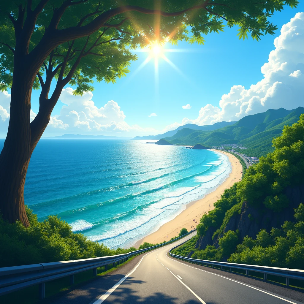 Summer sea seen from a car, horizon, landscape photography, Kamakura, Kanagawa, Japan, real, precision, masterpiece