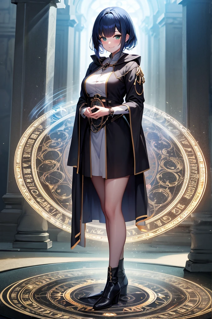 best quality, 8k, super fine illustration, extremely detailed CG, masterpiece,
beautiful anime style girl,
Smile, blush, medium breasts, Five anatomically correct fingers, magician: 1.3, robe, (mage's robe: 1.2), black costume, outdoor, ruins, (ancient ruins: 1.3), standing, (magic circle ), (Standing on the magic circle: 1.5), blue hair, green eyes, feeling the mainstream of magic power
cowboy shot,
telephoto lens, lens flare,
slow shutter speed
,,
(pure color scene),
(best shadow),
,,
(natural light),
,,
(natural reflection),