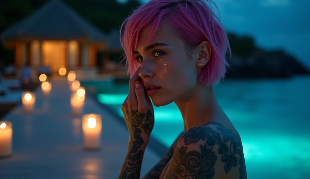 tatuado,非常に美しい大きな胸、(涙を流す),(背中タトゥー、両腕と首にたくさんのタトゥー)、 (深夜のフランス領ポリネシア, 青いラグーンとリゾート),ロウソクの明かりのみ,非常に詳細, 21歳, 絶世の美女,落ち込んだ顔, ピンク髪,ショートヘア, 青い目, 高解像度, 傑作, 最高品質, 複雑なディテール, 非常に詳細, 明確な焦点, デリケートな肌, 実用的 skin テクスチャ, テクスチャ, 繊細な目, プロ, 8K, 悲しい顔,絶望、 キヤノンで撮影, 85ミリメートル, 浅いと深い, コダックビジョンカラー, ぴったり, 非常に詳細, 写真_\(過激派\), 写真実用的, 実用的, 後処理, 最大の詳細, 粗さ, 実生活, 過激派 実用的, フォトリアリズム, 写真graphy, 8K ウルトラ HD, 写真graphy