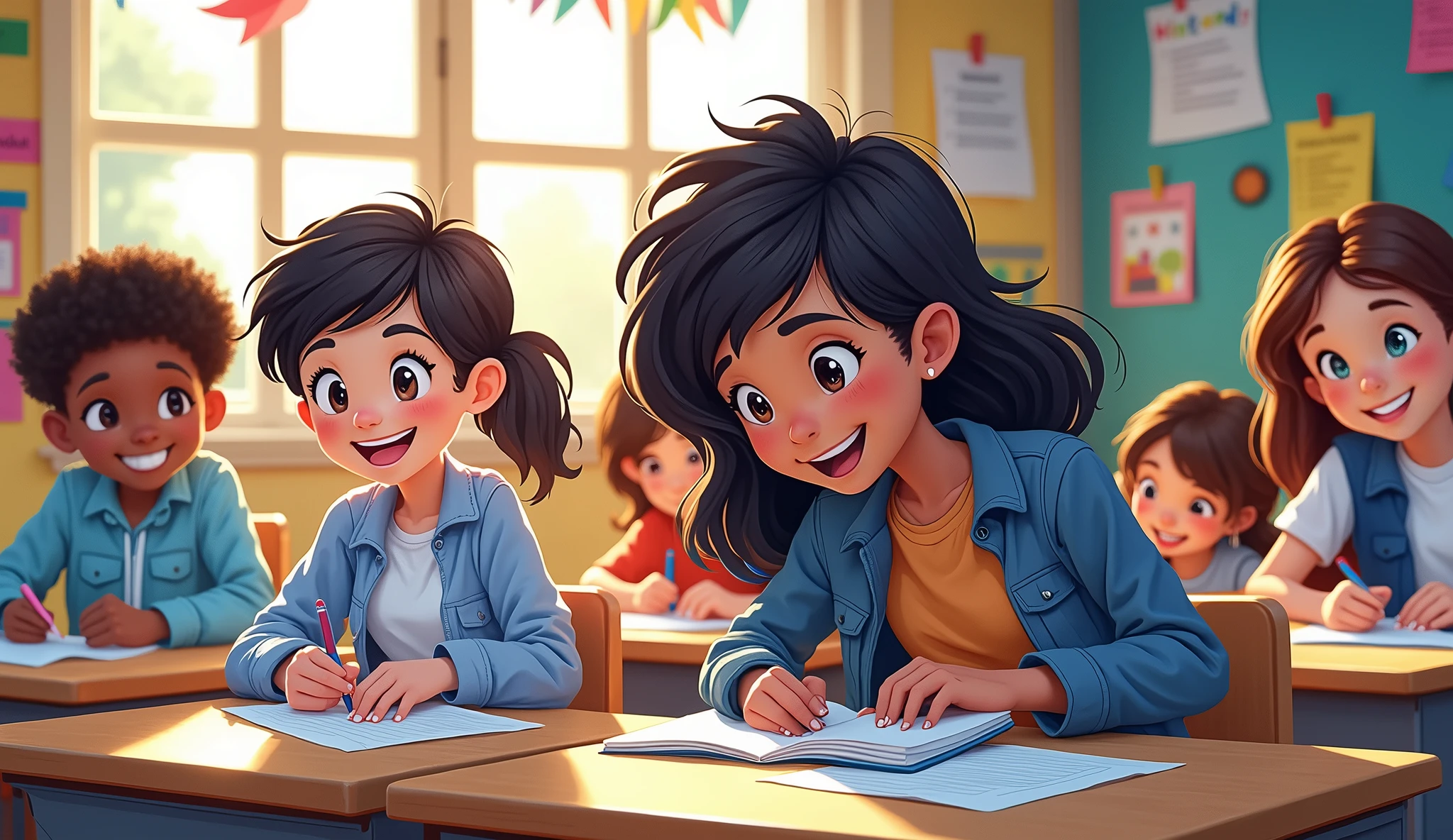 
Cartoon Style，A group of students taking exam happily in the classroom