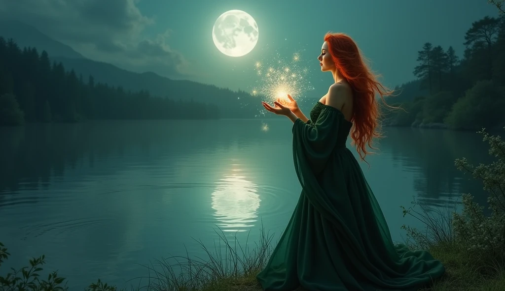 A captivating witch with fiery red hair cascading over her shoulders, standing on the edge of a tranquil, moonlit lake. She is dressed in an elegant, dark green robe that accentuates her curves, and her hands are raised as she conjures a shimmering aura of magical energy. The water around her ripples gently as the air fills with a calming, ambient melody, guiding those who listen into a deep, peaceful sleep. Aim for realistic depiction, make sure photos are at highest resolution (8K)