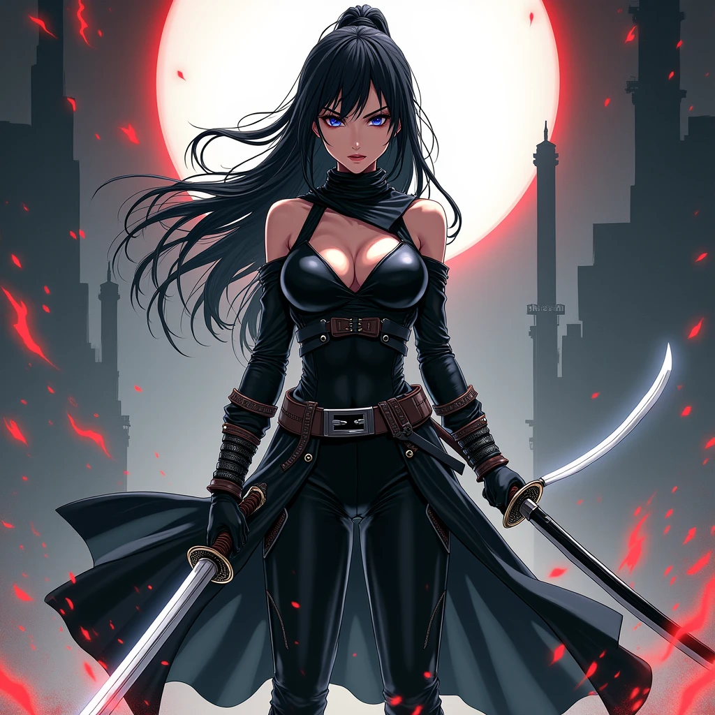 a woman with two sword and a black outfit, Katana Zero video game character, female protagonist Official character illustrations, red female assin, dramatic katana pose, Knights, female anime character, katanas strapped to her back, 2b, 2b, unsheathing her katana, Female action anime girl, none background