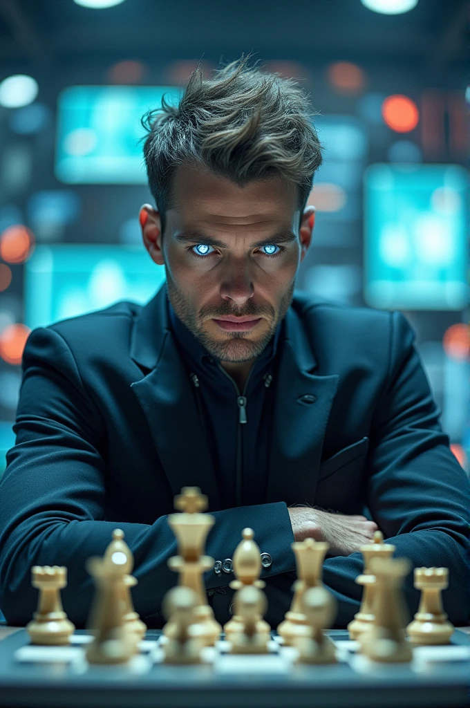 cyborg of magnus carlsen who is a chess grandmaster, make his eyes shiny and bright 