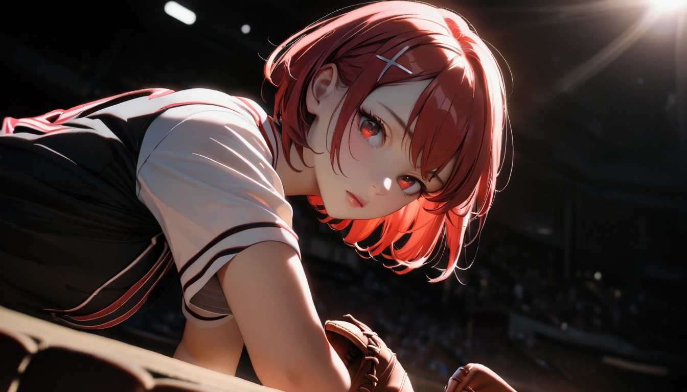 short hair, (Red hair:1.2), x Hair ornament, Red eyes,One person,Highest quality, masterpiece, High resolution,highest quality, intricate details, (cinematic lighting), RAW photo, 8k ,high definition detail、baseball,support、Baseball uniforms、pitcher、Right-handed