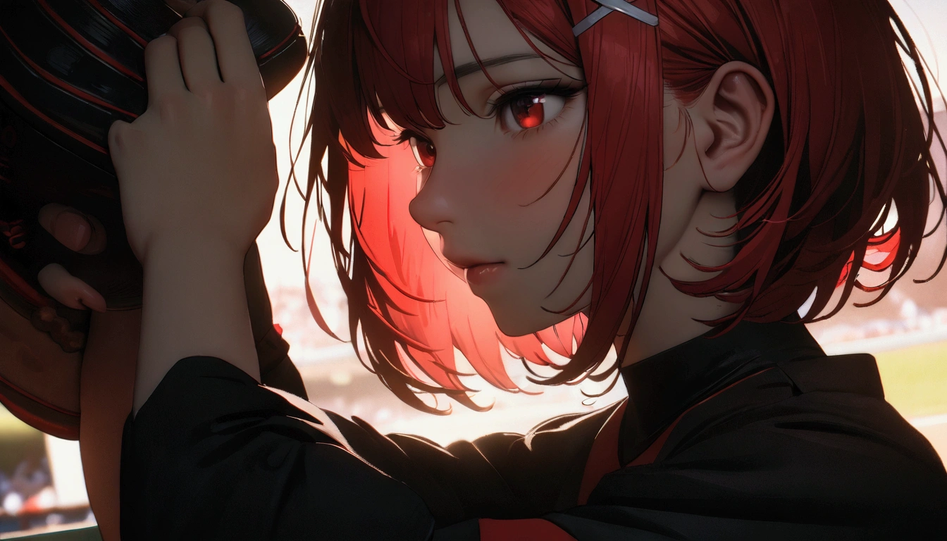 short hair, (Red hair:1.2), x Hair ornament, Red eyes,One person,Highest quality, masterpiece, High resolution,highest quality, intricate details, (cinematic lighting), RAW photo, 8k ,high definition detail、baseball,support、Baseball uniforms、pitcher、Right-handed