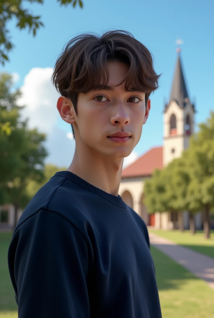 Create a hyper realistic poster of a white 18 year old guy with very very feminine facial features, with brown hair and brown eyes, hairstyle must be short curtains/middle part, slim build, dark navy blue sweater/jersey, background must be the University of the Incarnate Word in San Antonio, facial expression must be neutral